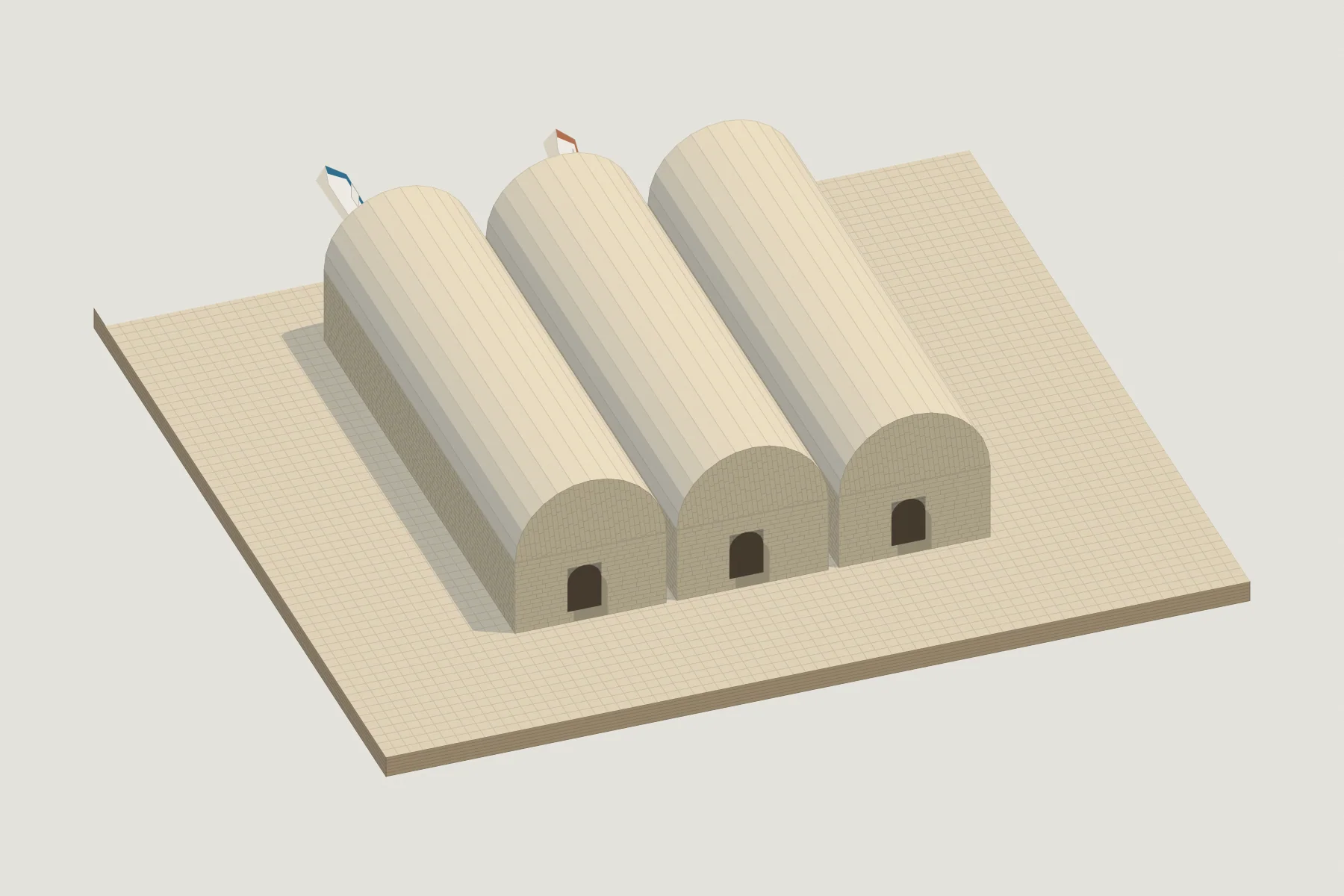 Painted axonometric of the three vaulted warehouses on the harbour, the middle one with a glass arch