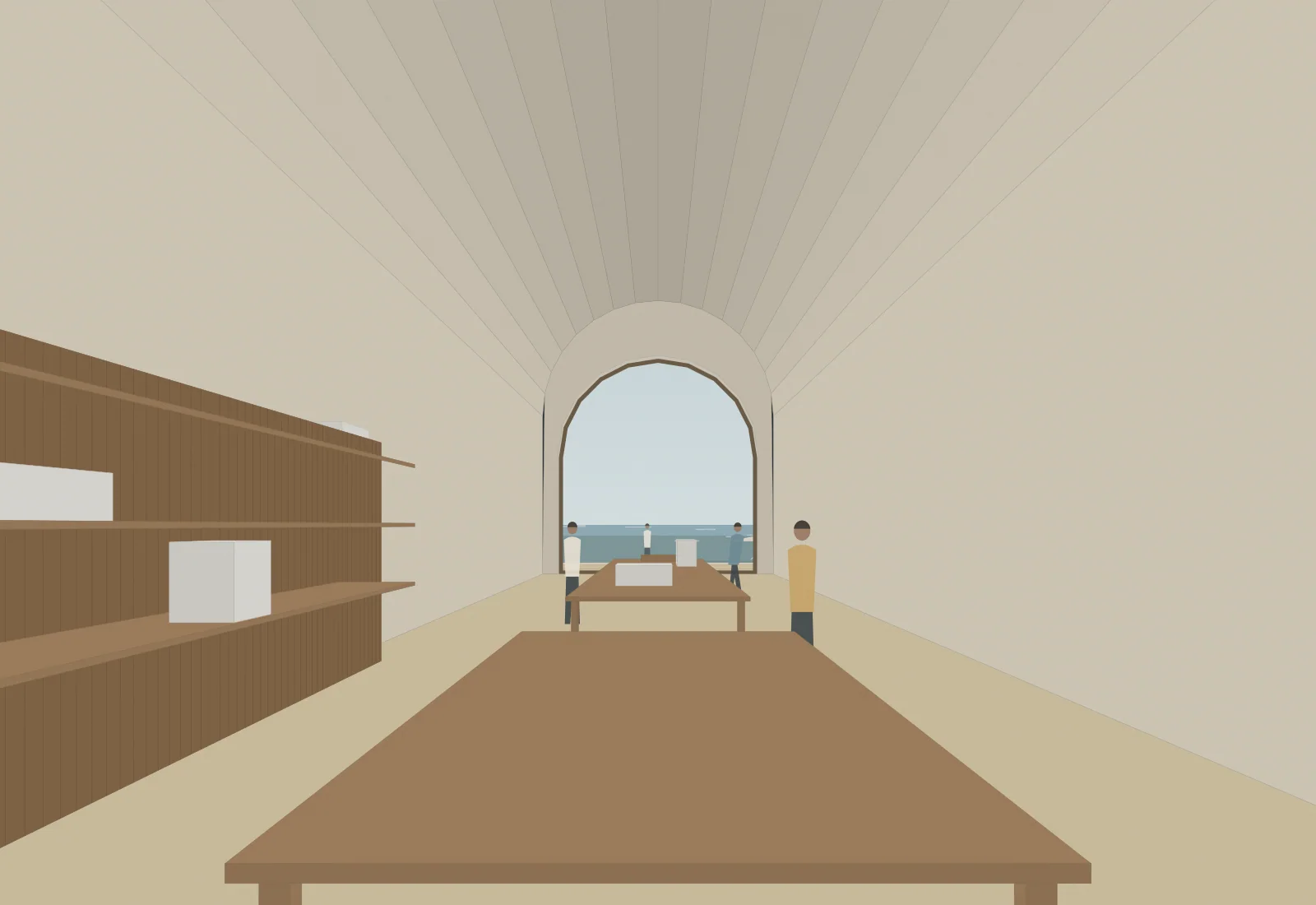 Inside the vaulted warehouse: the long table, shelves of card models, and the harbour through the arched glass door