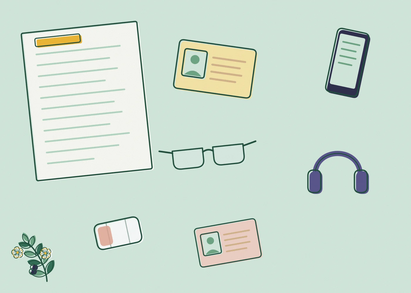 Drawing of what to bring laid out on a table: a list of medicines, an ID card, glasses, a phone and headphones