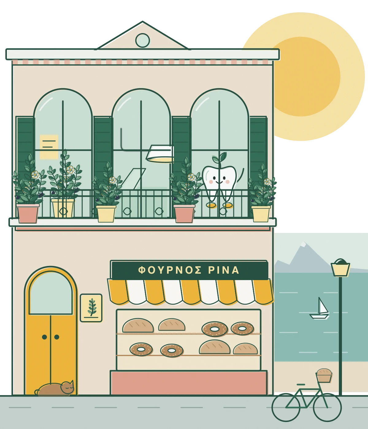 Drawing of the house: the bakery on the ground floor with its striped awning, the three arched windows of Myrtia and a balcony of myrtle pots above, the sea at the end of the street