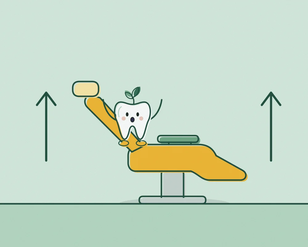 Drawing of Mirto the tooth sitting in a yellow dental chair as it rises, arms in the air