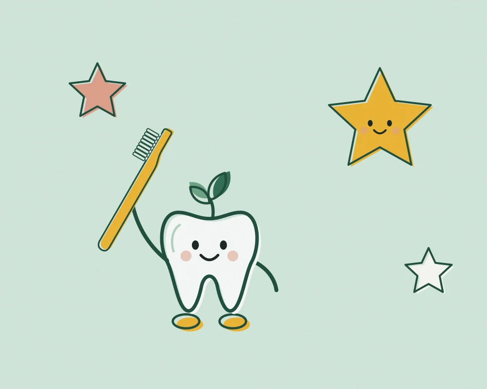 Mirto holding a toothbrush beside a smiling star sticker