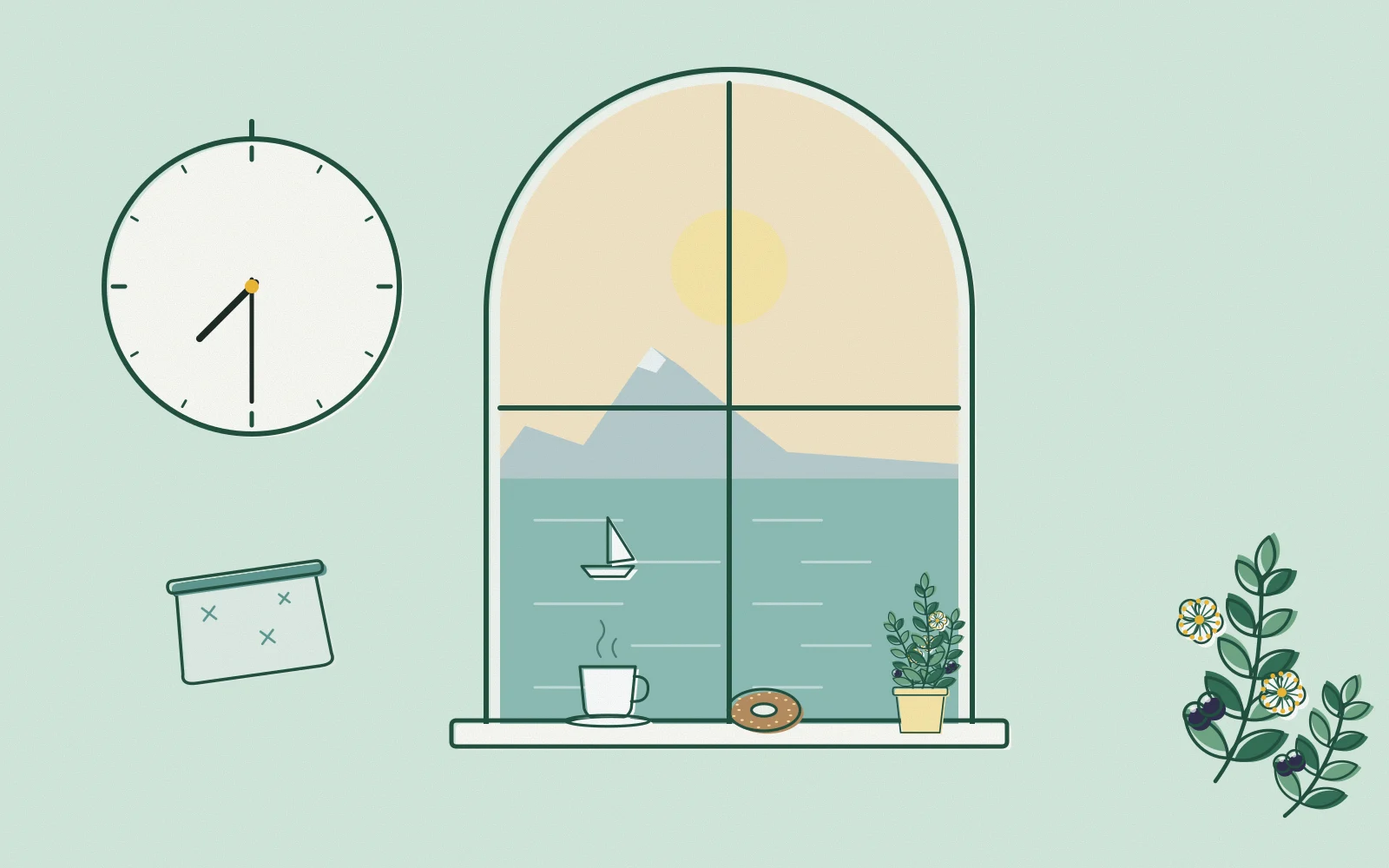 Drawing of the practice window at sunrise over the gulf, a clock on the wall at half past seven, a cup of coffee and a koulouri on the sill