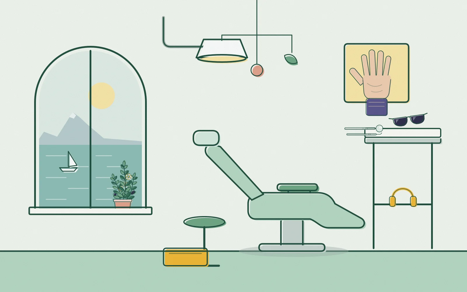 Drawing of one of the three treatment rooms, with the chair under its lamp and an arched window on the sea