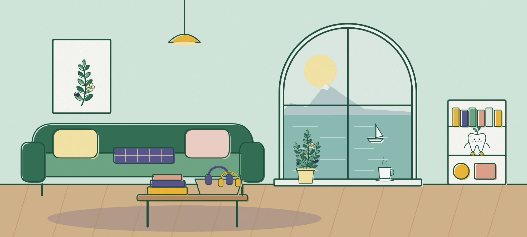 Drawing of the waiting room: a green sofa with cushions and a checked blanket, a basket of headphones, a bookcase for children, and a big arched window on the gulf with a mountain on the horizon