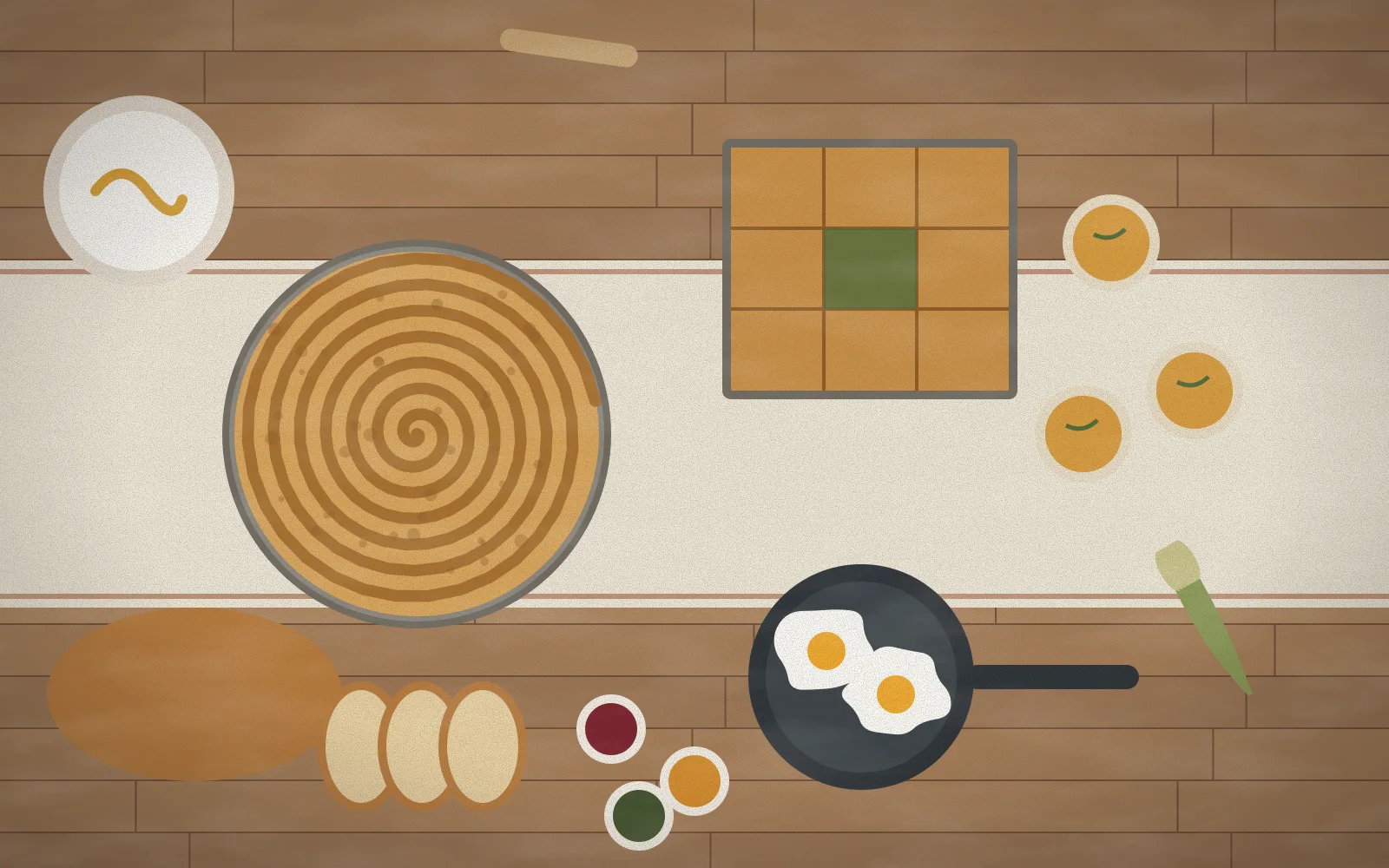 Breakfast from above: a coiled pie in its round tray, a square tray of greens pie, yoghurt with honey, eggs in the pan, glasses of mountain tea, bread and preserves