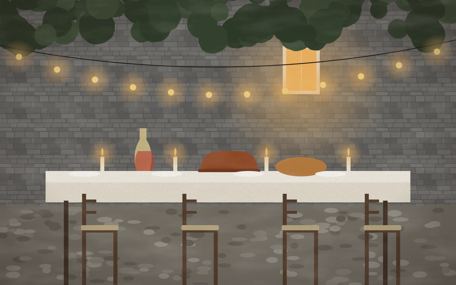 A long table with a white cloth in the stone courtyard at night, a pot and a carafe on it, lanterns strung through the walnut above
