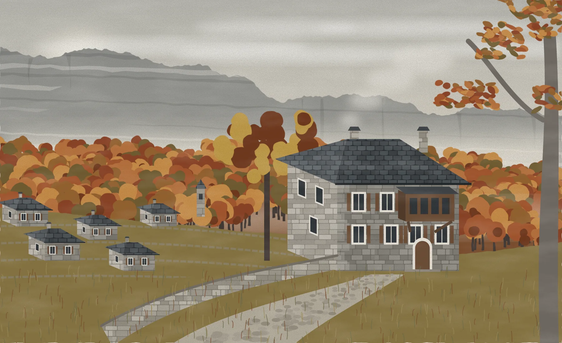 Oxya in autumn: a tall stone house with a slate roof and a timber bay window, the village below it and the layered cliffs of Tymfi behind