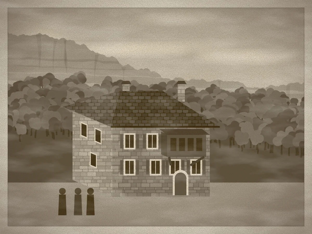 An old sepia photograph of the house with three figures standing in front of it
