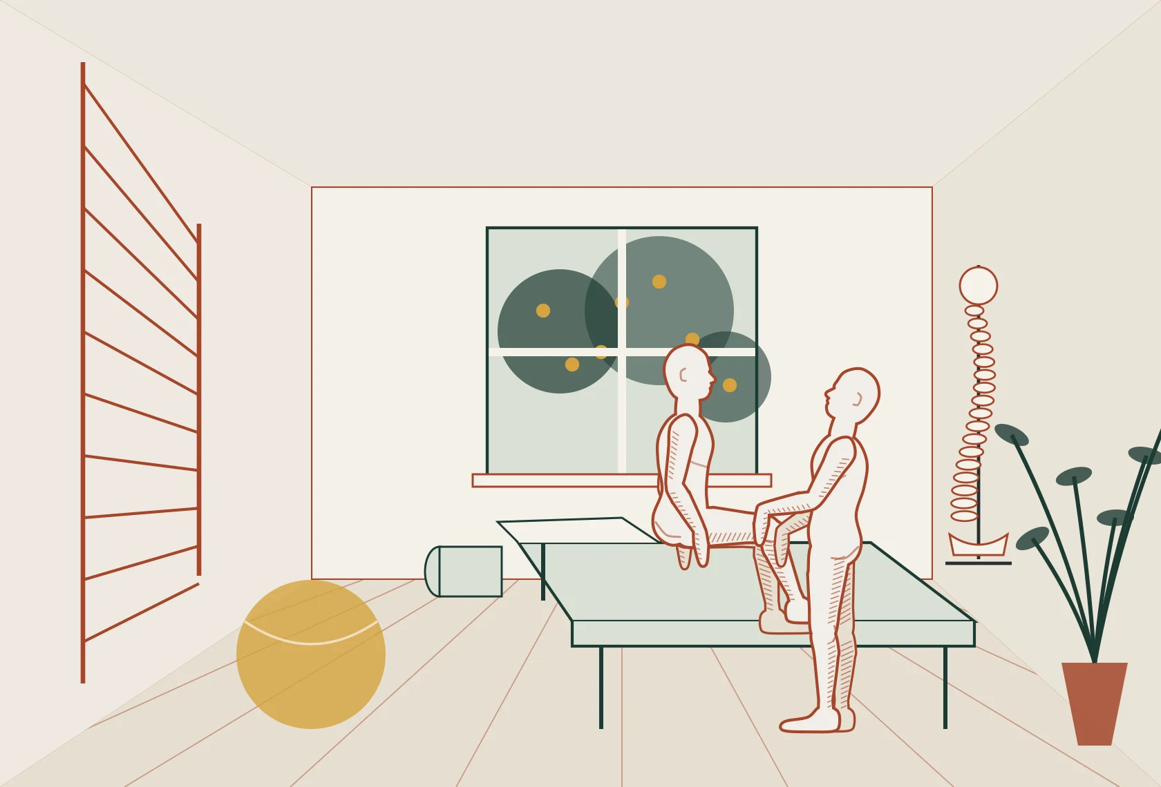 Drawing of a treatment room at Symmetria: a window onto a bitter orange tree, wall bars, a treatment table, a model spine and an exercise ball