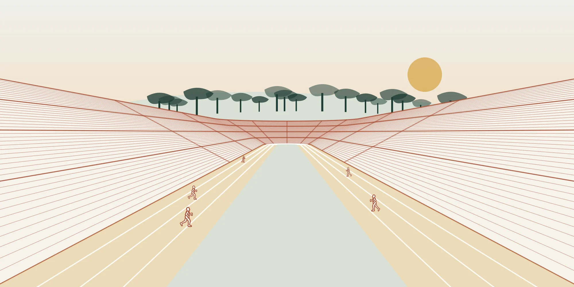 Line drawing of the marble horseshoe of the Kallimarmaro at dawn, with runners on the track and pines on the hill behind